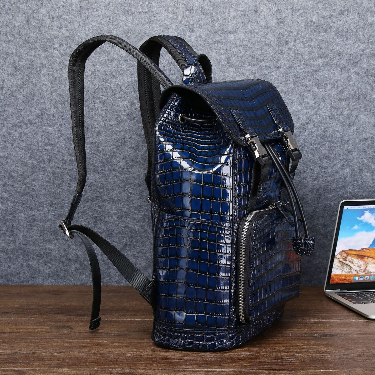 Leather Backpack for Men with Crocodile Pattern and Drawstring Closure