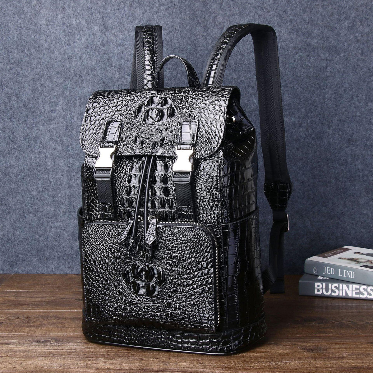 Leather Backpack for Men with Crocodile Pattern and Drawstring Closure 3