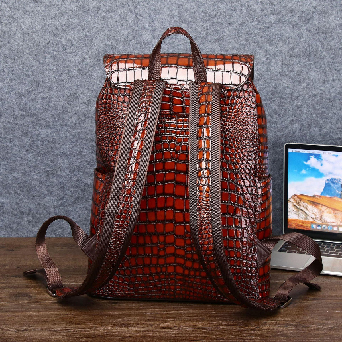 Leather Backpack for Men with Crocodile Pattern and Drawstring Closure