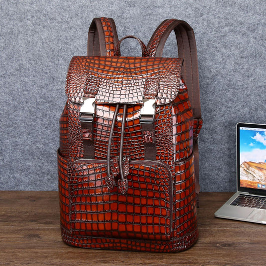 Leather Backpack for Men with Crocodile Pattern and Drawstring Closure 1