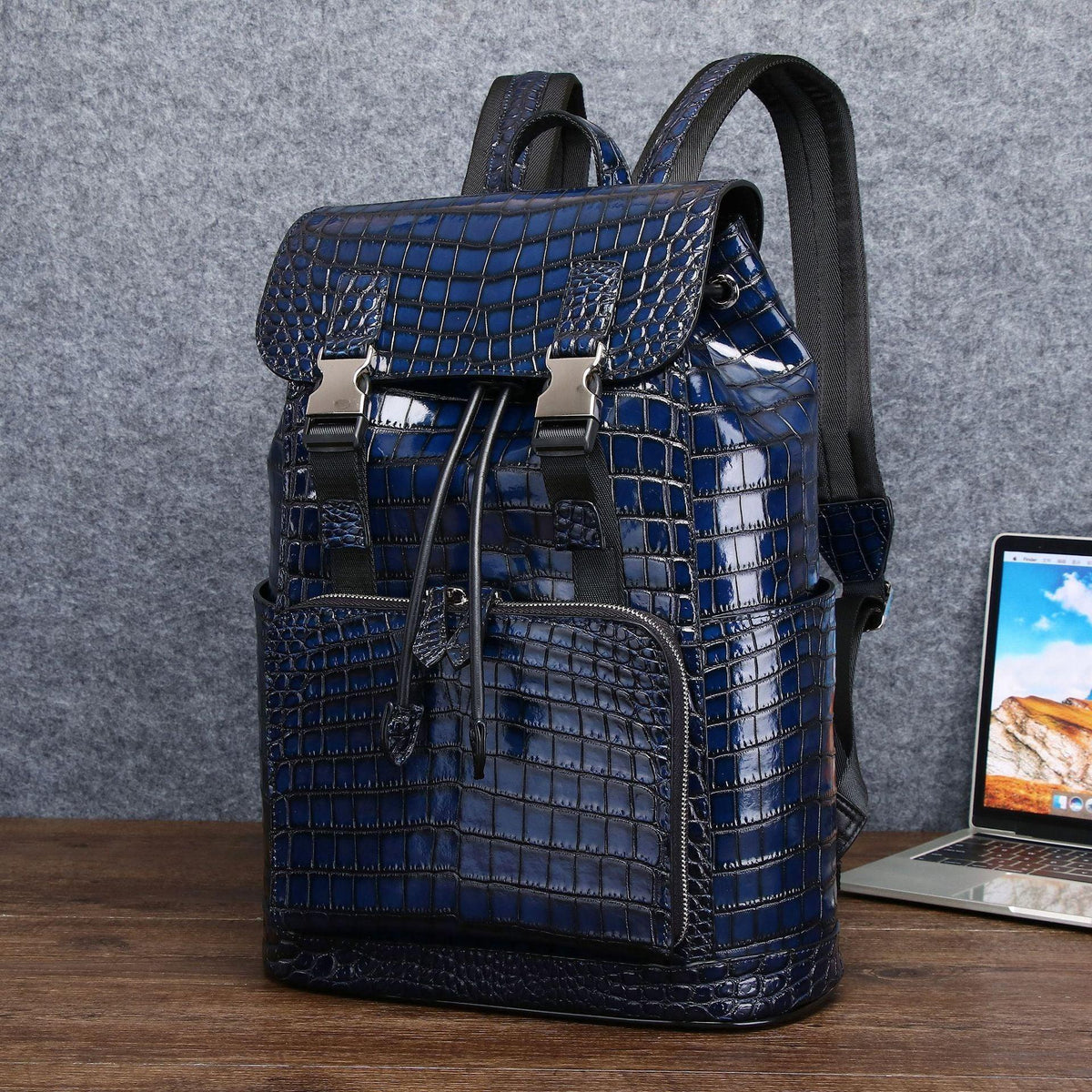 Leather Backpack for Men with Crocodile Pattern and Drawstring Closure 2
