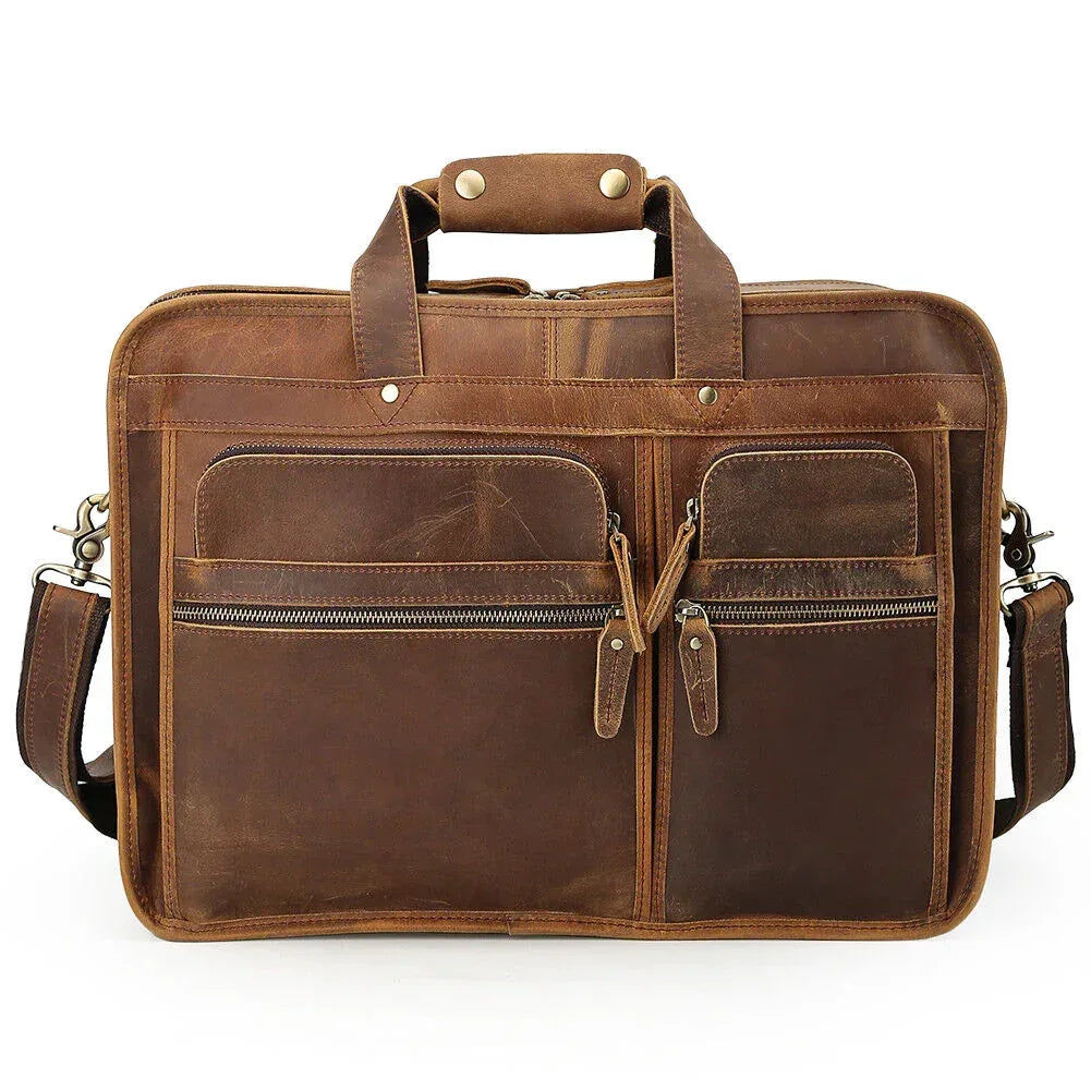 Mens leather briefcase 17 inch laptop bag