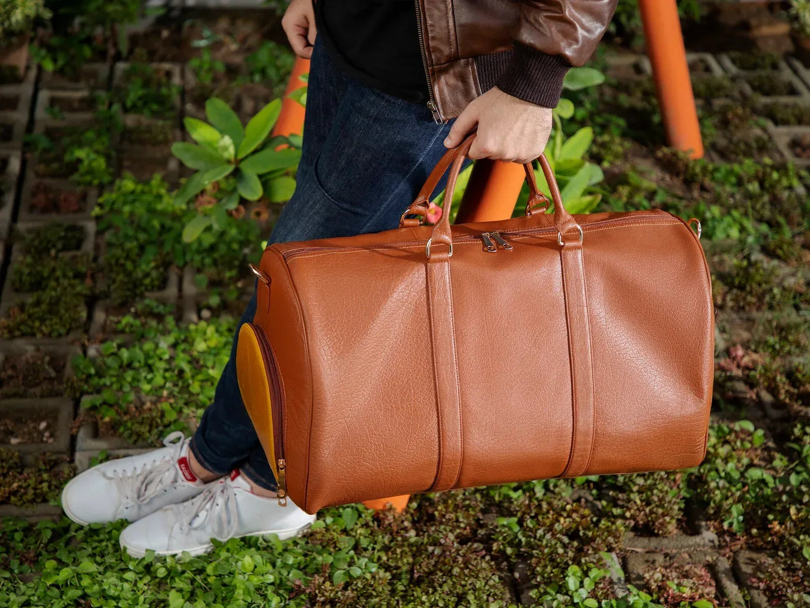 Genuine leather travel bag mens leather duffle overnight carry