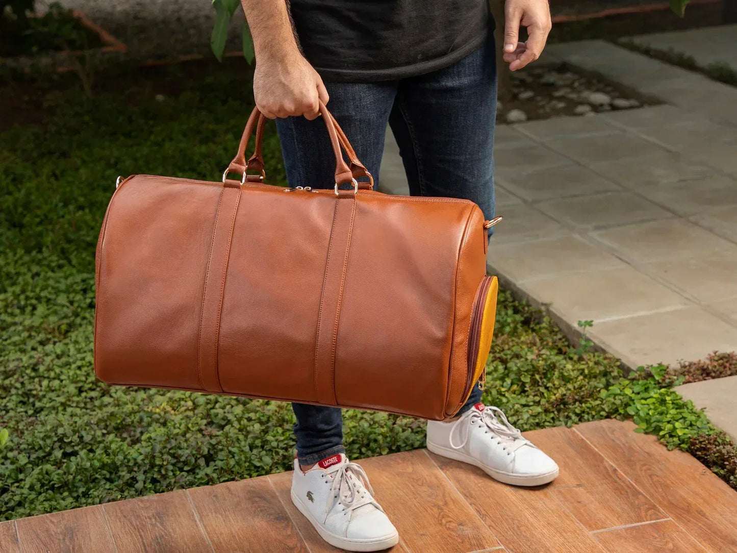 Genuine leather travel bag mens leather duffle overnight carry