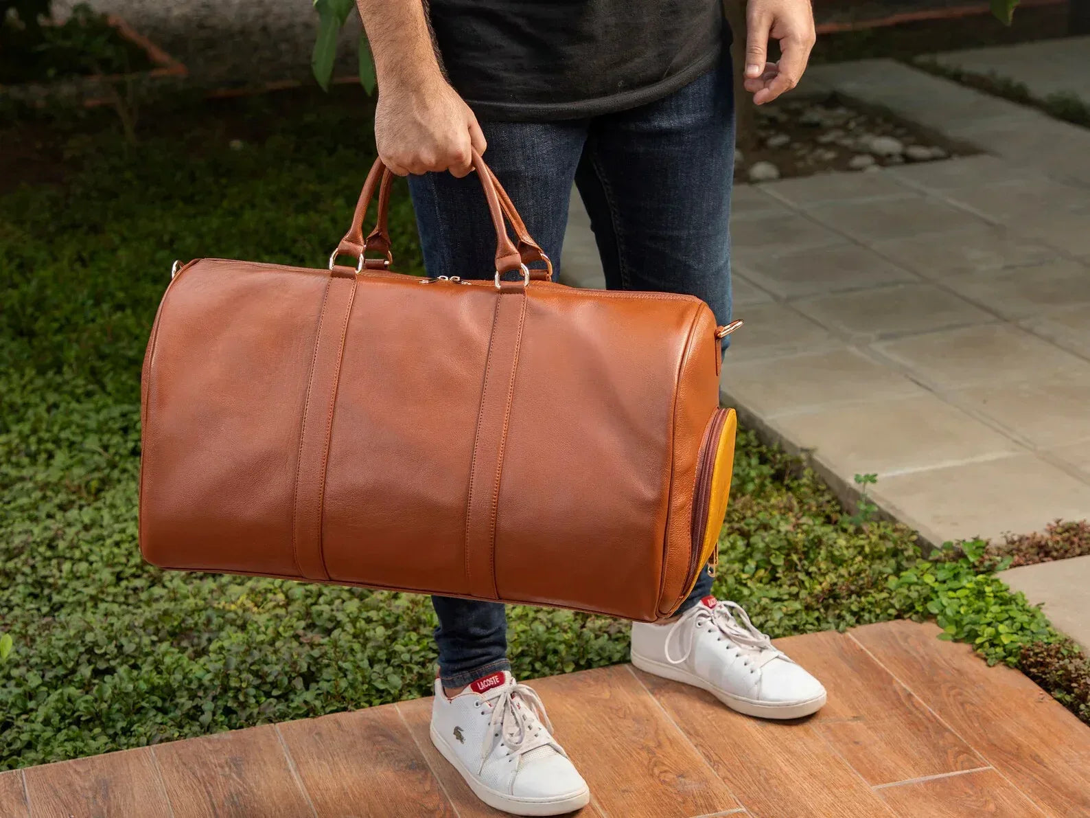 Genuine leather travel bag mens leather duffle overnight carry