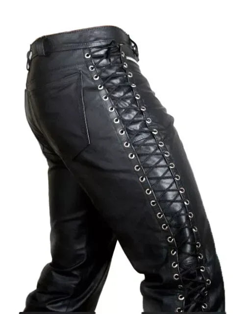 leather pants mens side lace up biker style with slim fit structure