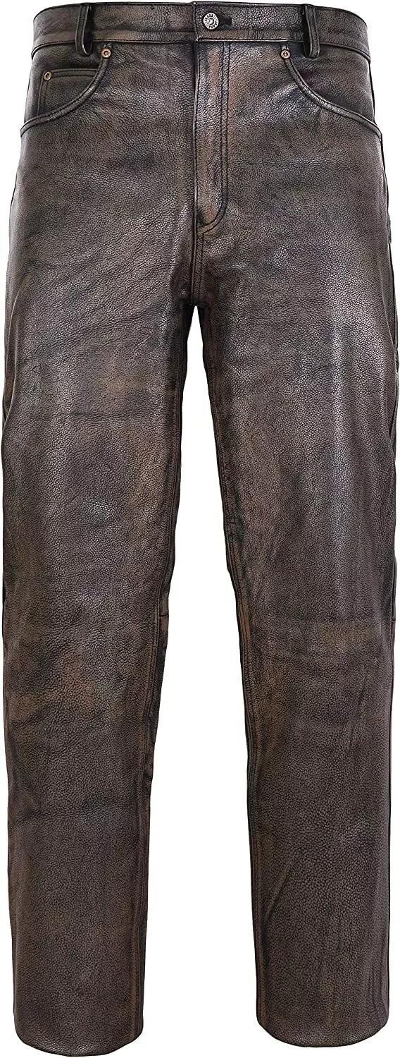 Distressed Brown Leather Pants Men Real Leather Trousers