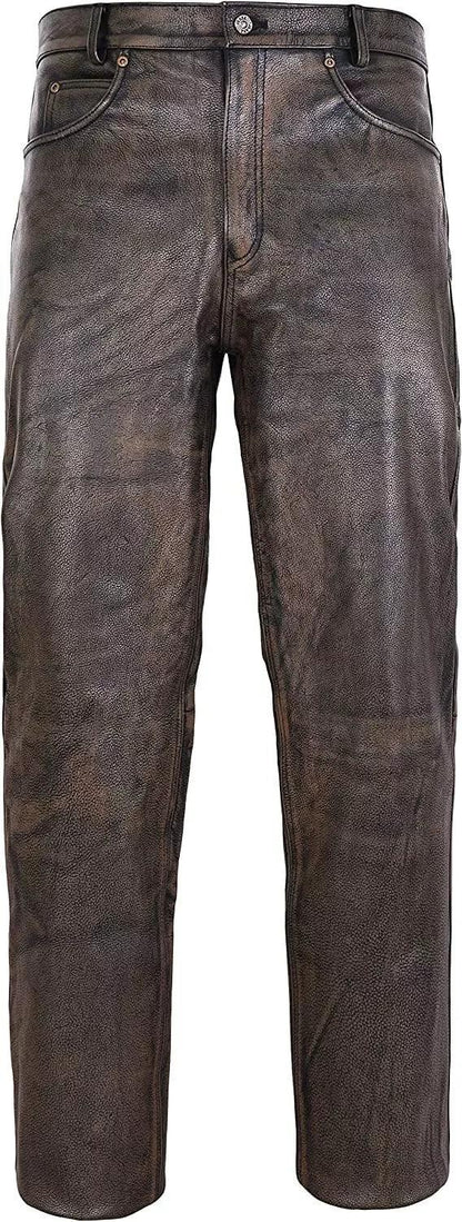 Distressed Brown Leather Pants Men Real Leather Trousers