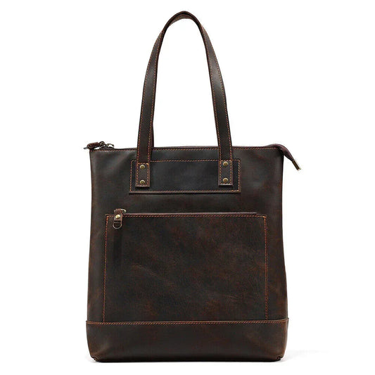 Men's Leather Tote Bag with Zipper and Long Handles