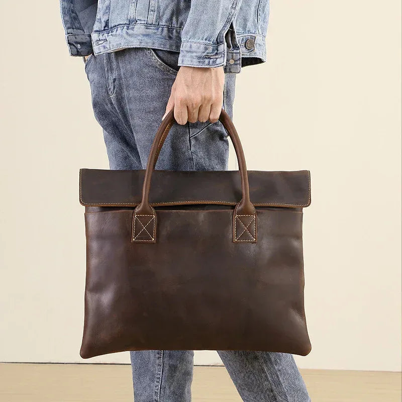Men’s Slim Leather Briefcase Brown Laptop Document Bag