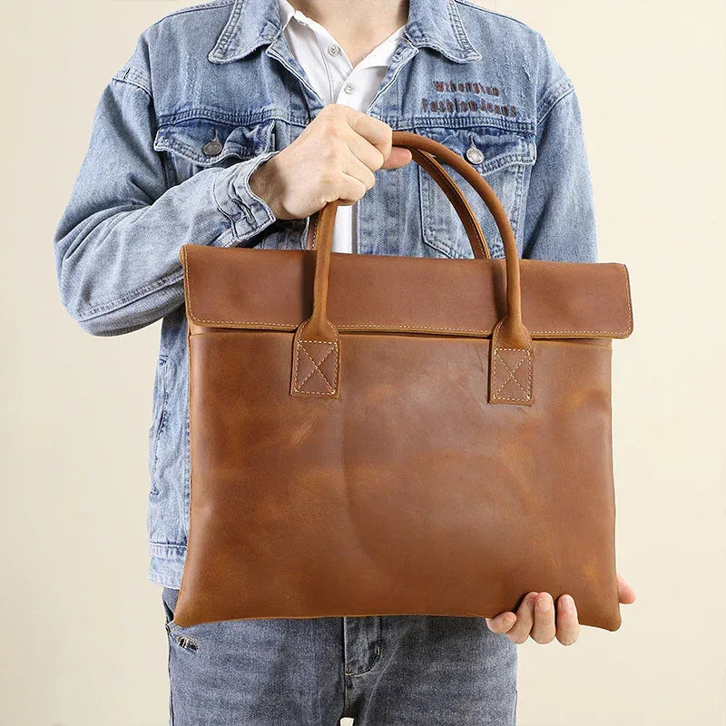 Men’s Slim Leather Briefcase Brown Laptop Document Bag