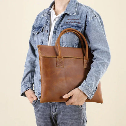 Men’s Slim Leather Briefcase Brown Laptop Document Bag