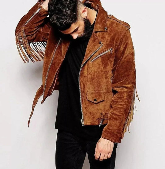 Mens Suede Fringe Jacket Brown Western Fringe Leather Jacket