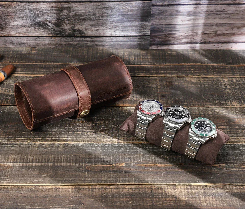 Leather watch travel case for men 3 slot watch roll organizer