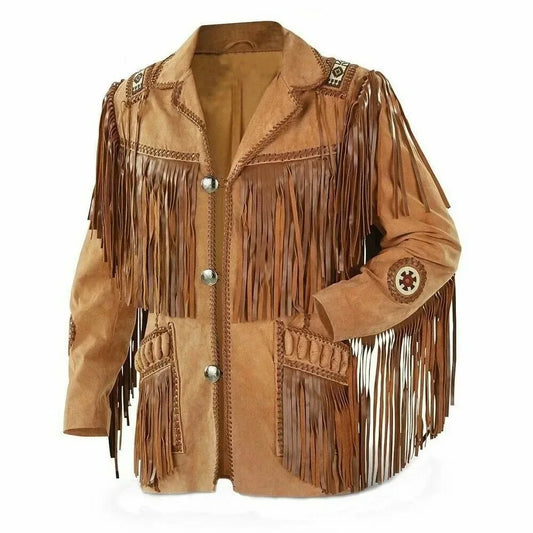 Mens Western Fringe Jacket Tan Suede Cowboy Style