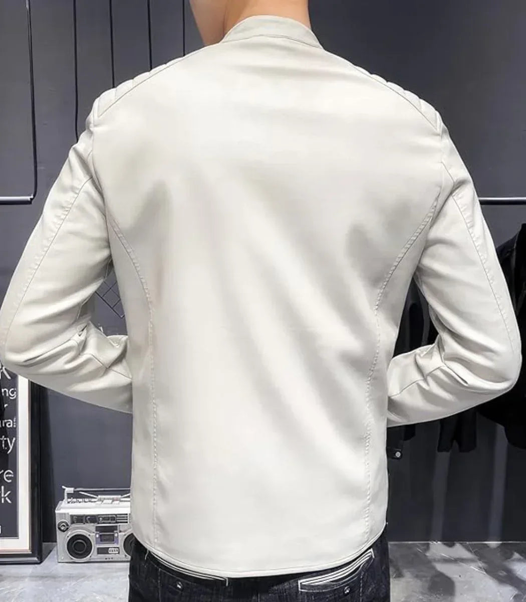 Mens White Leather Jacket Slim Fit Zip Style