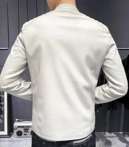 Mens White Leather Jacket Slim Fit Zip Style