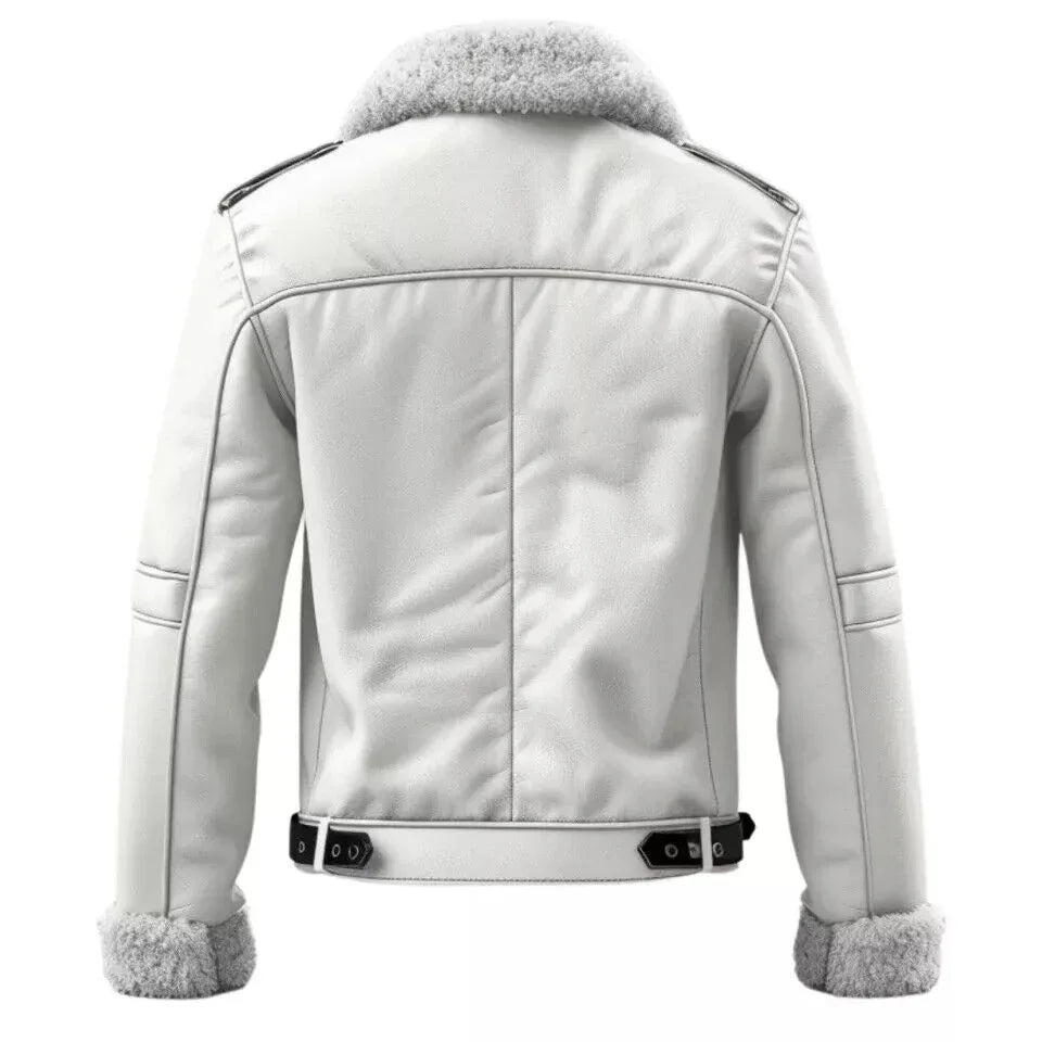 White Shearling Leather Jacket for Men with Fur