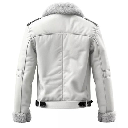 White Shearling Leather Jacket for Men with Fur