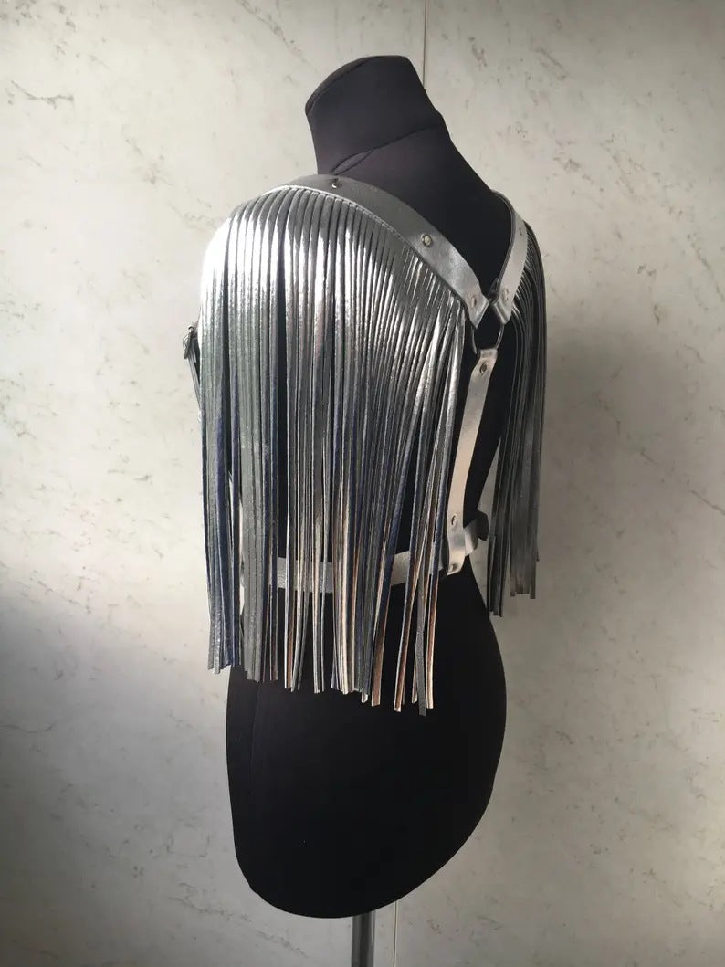 Holographic fringe shoulder harness festival rave tassel belt 4