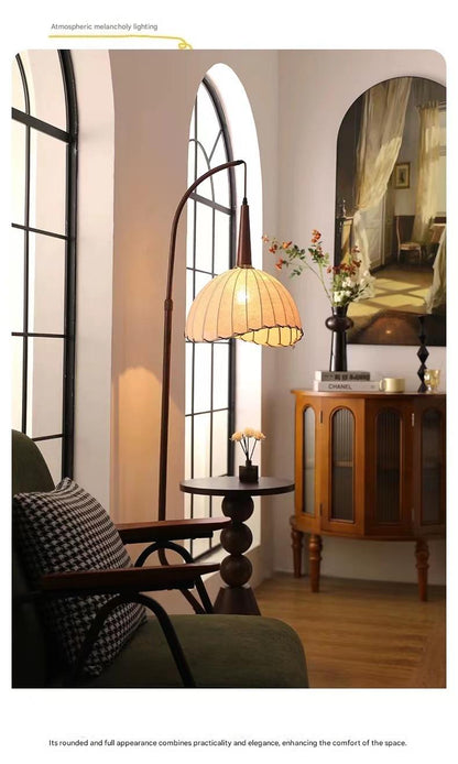 retro wood floor lamp with side shelf lighting