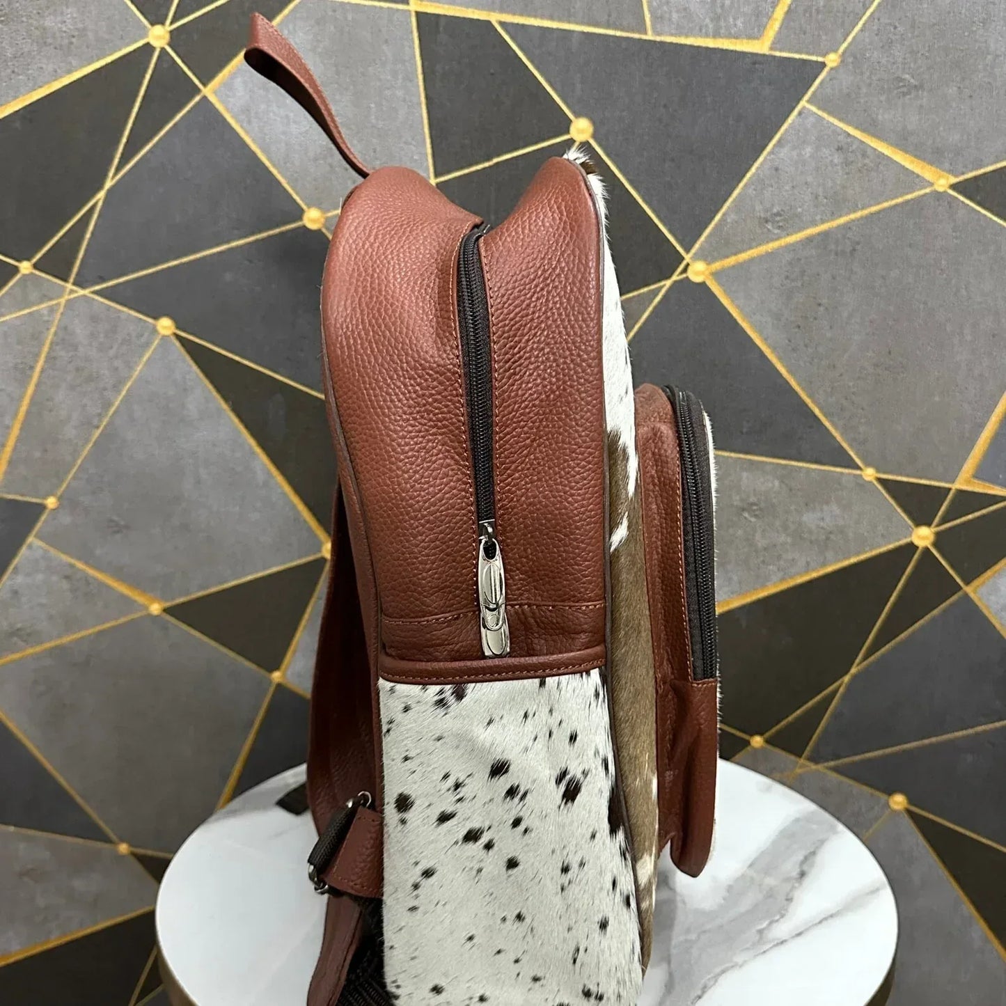 mini cowhide backpack brown white leather bag