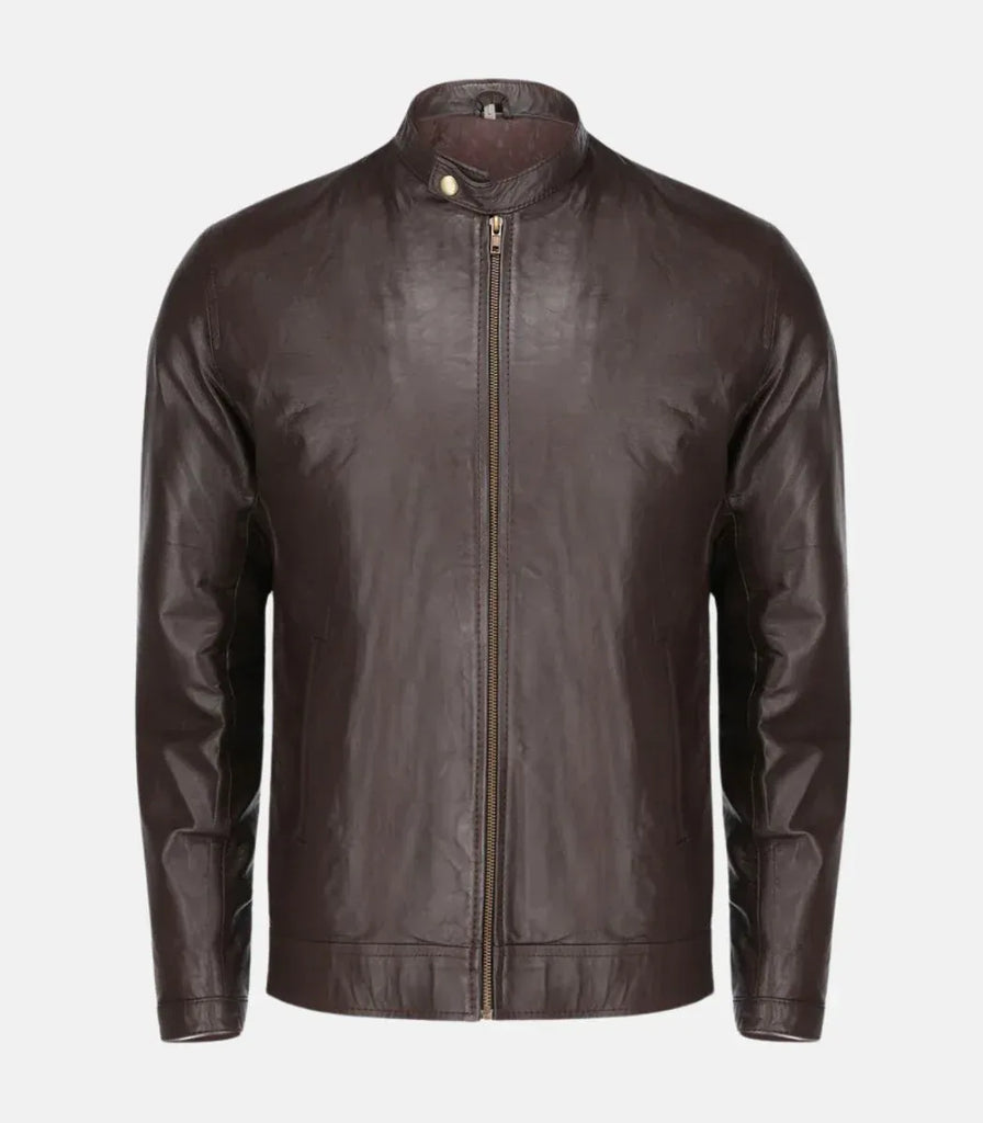 minimal leather jacket mens brown zipper design