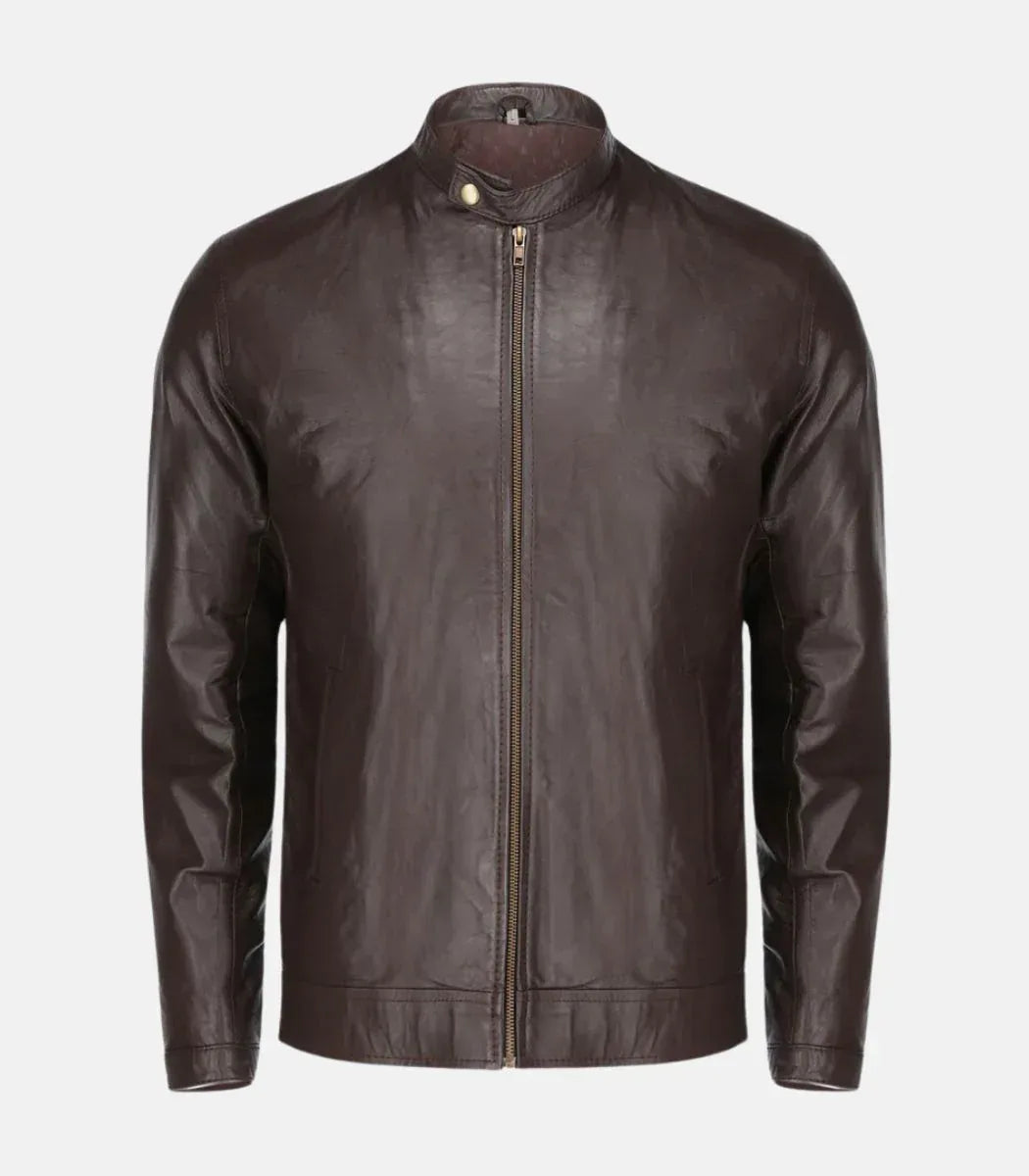 minimal leather jacket mens brown zipper design