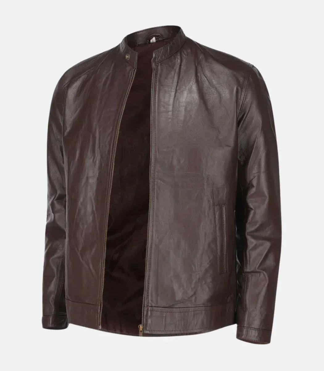 minimal leather jacket mens brown zipper design