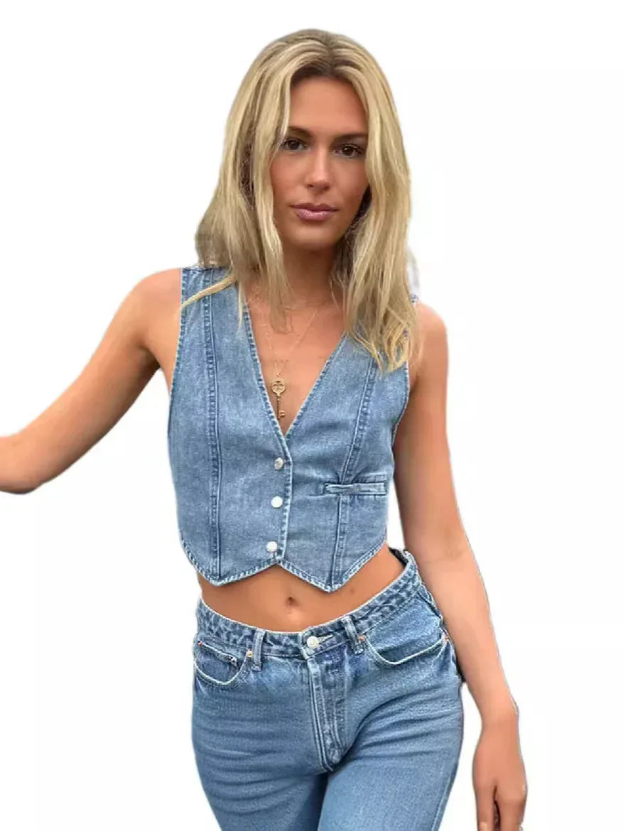 Women's Denim Vest Top With Front Buttons Medium S