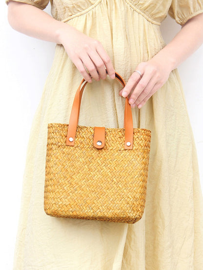 Nordic mini woven straw tote with leather handles