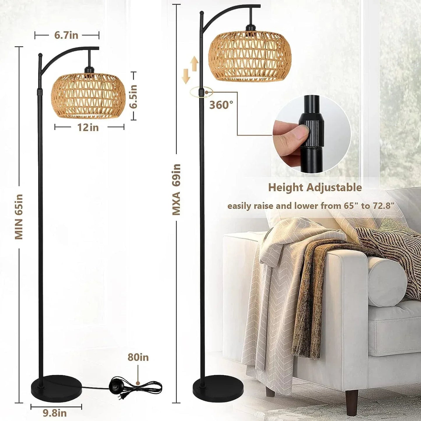 boho floor lamps rattan arc standing lamp for living room