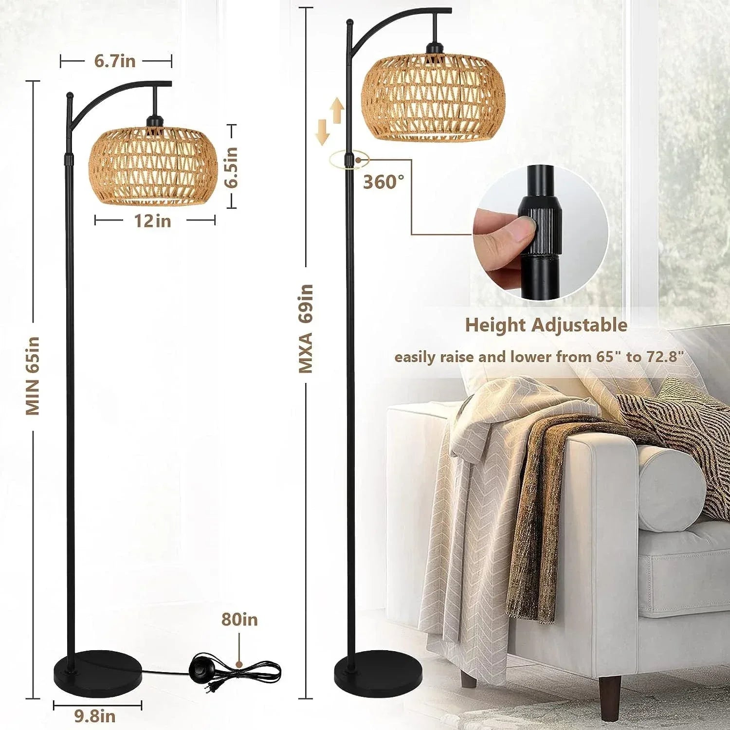 boho floor lamps rattan arc standing lamp for living room