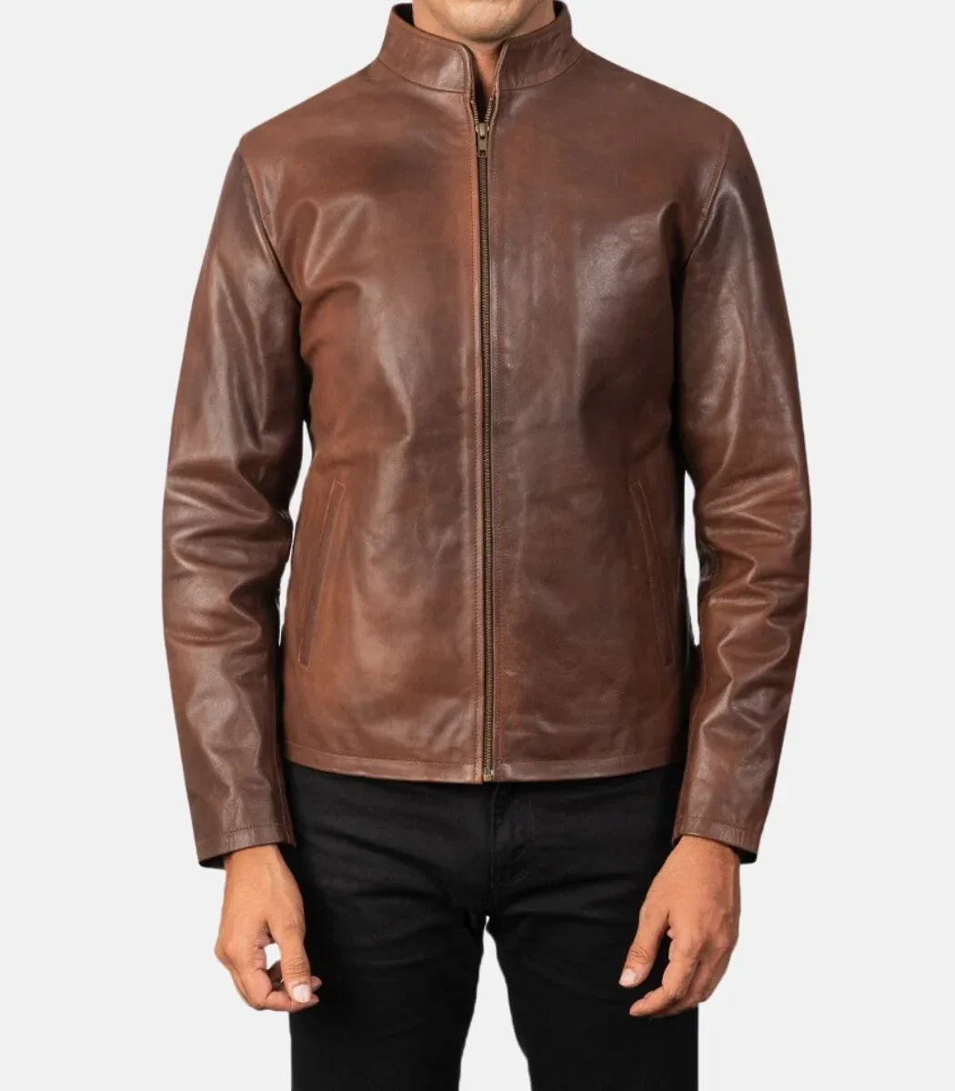 Modern leather jacket mens brown cowhide
