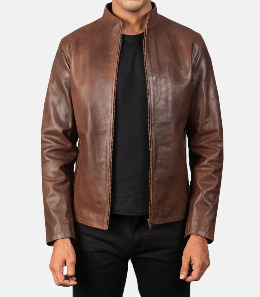Modern leather jacket mens brown cowhide