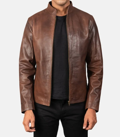 Modern leather jacket mens brown cowhide