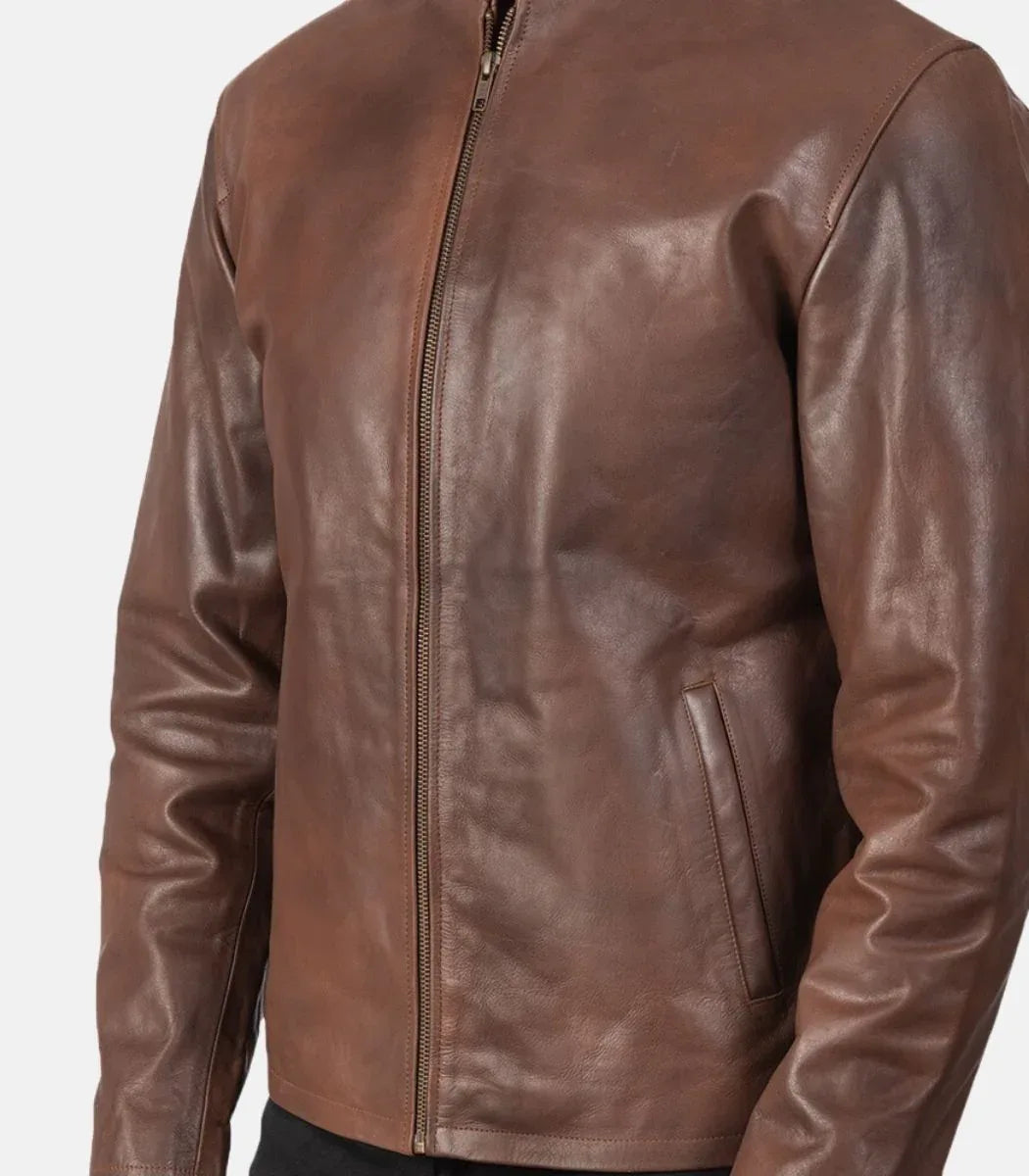 Modern leather jacket mens brown cowhide