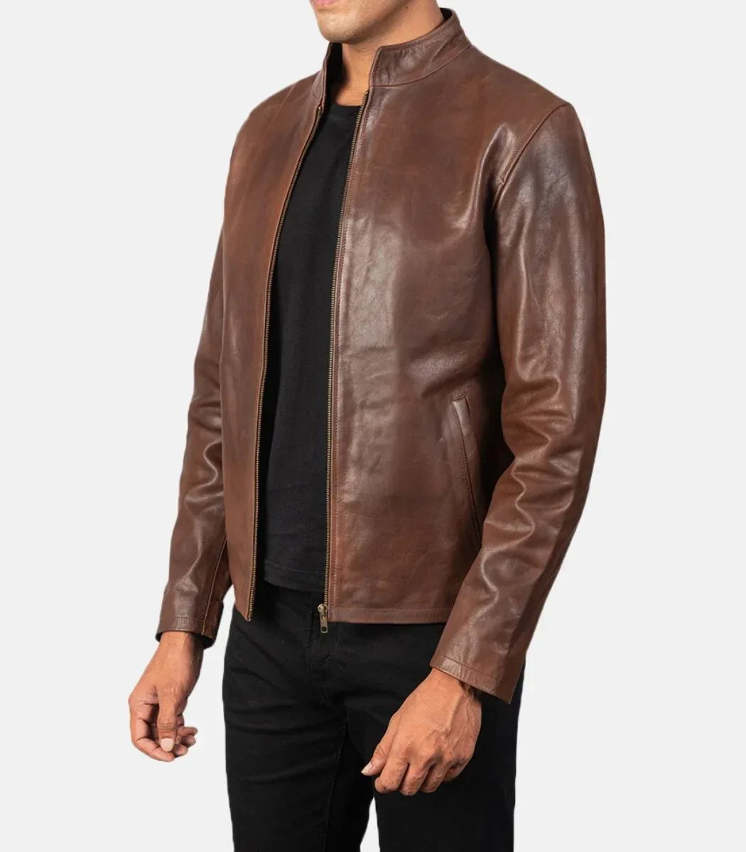 Modern leather jacket mens brown cowhide