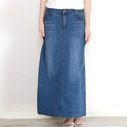 Blue High Waist Maxi Denim Skirt Without Slit