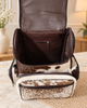 Cowhide mommy backpack showing brown and white hair-on hide