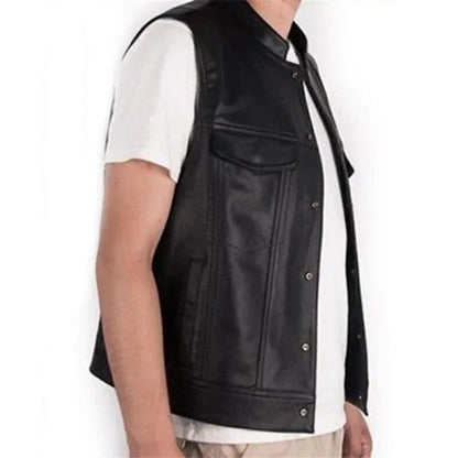 Mens Leather Biker Vest – Genuine Black Motorcycle Vest