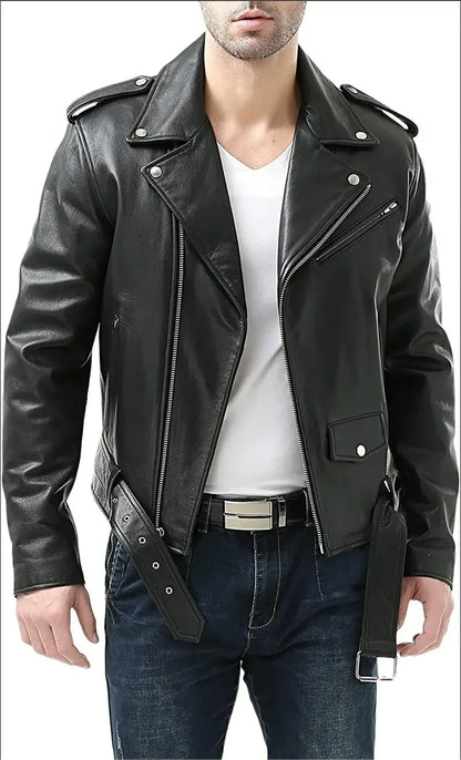 mens leather biker jacket belted waist black motorcycle style