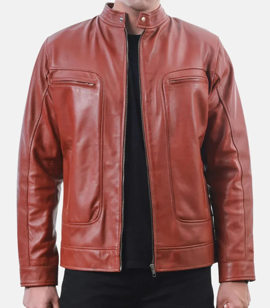red maroon motorcycle leather jacket mens zip front biker