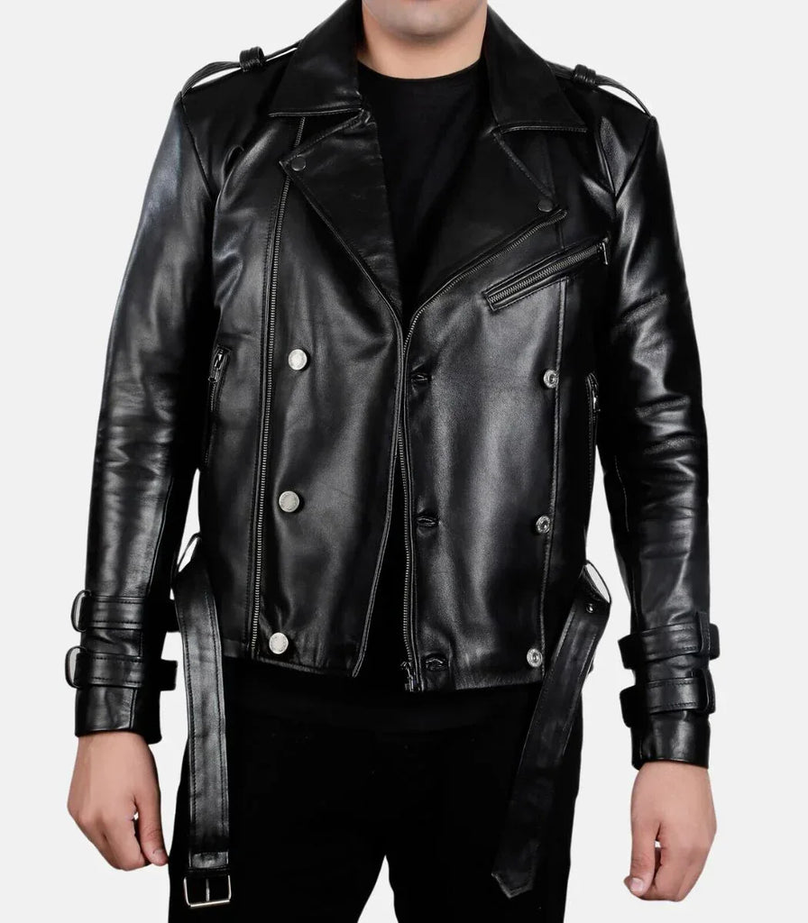 motorcycle black leather jacket mens belted biker style