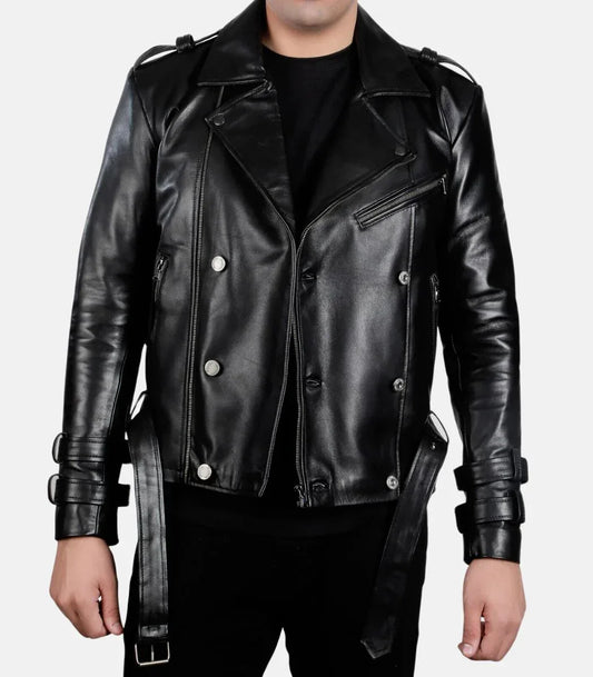 motorcycle black leather jacket mens belted biker style