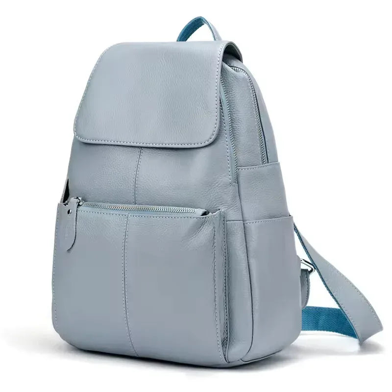 Genuine leather backpack women compact purse blue grey