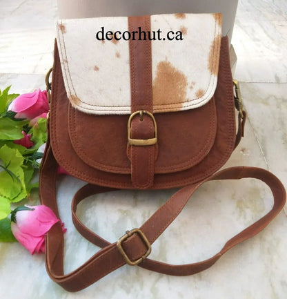 natural cowhide crossbody bag brown white leather purse