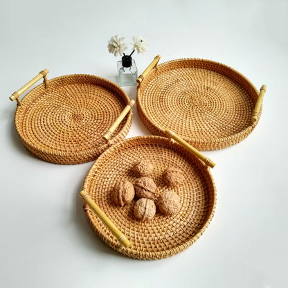 Round rattan tray set with white handles