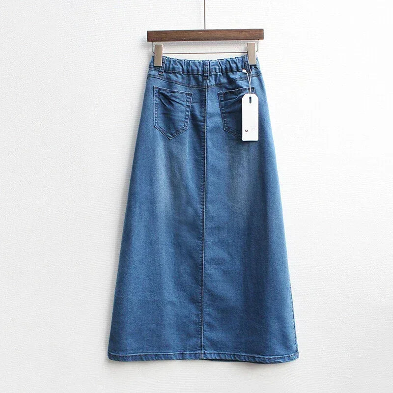 Blue High Waist Maxi Denim Skirt Without Slit