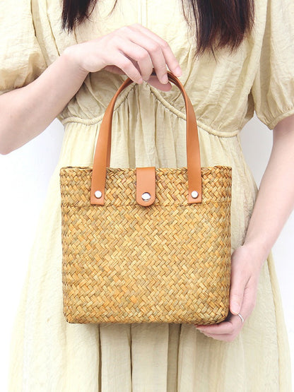 Nordic mini woven straw tote with leather handles Dark